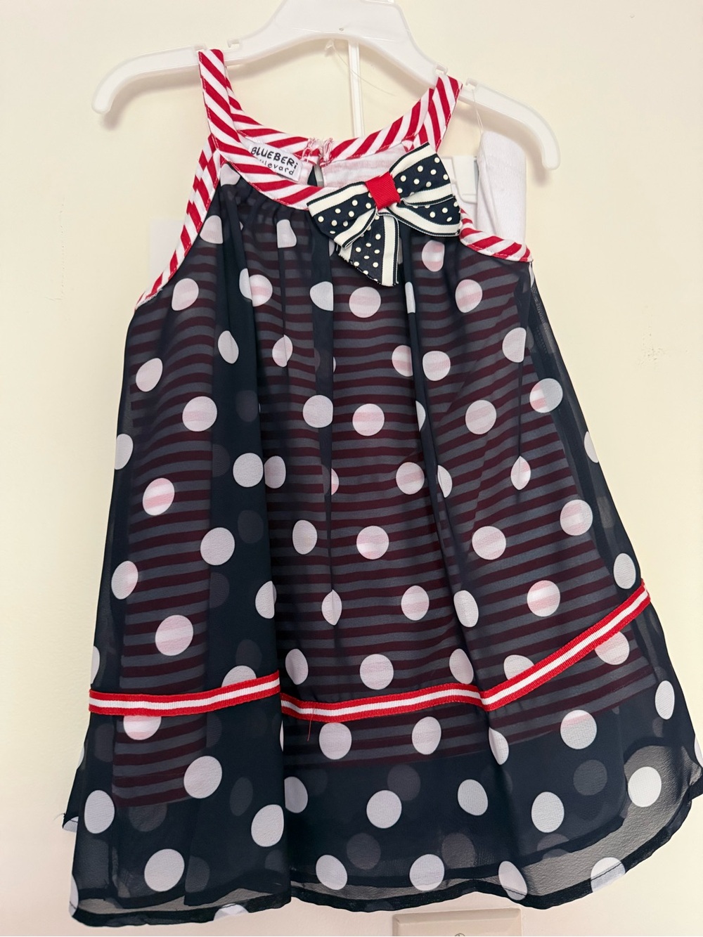 Blueberi Boulevard Navy White Polka Dot Tunic with Red Accents with White Capris